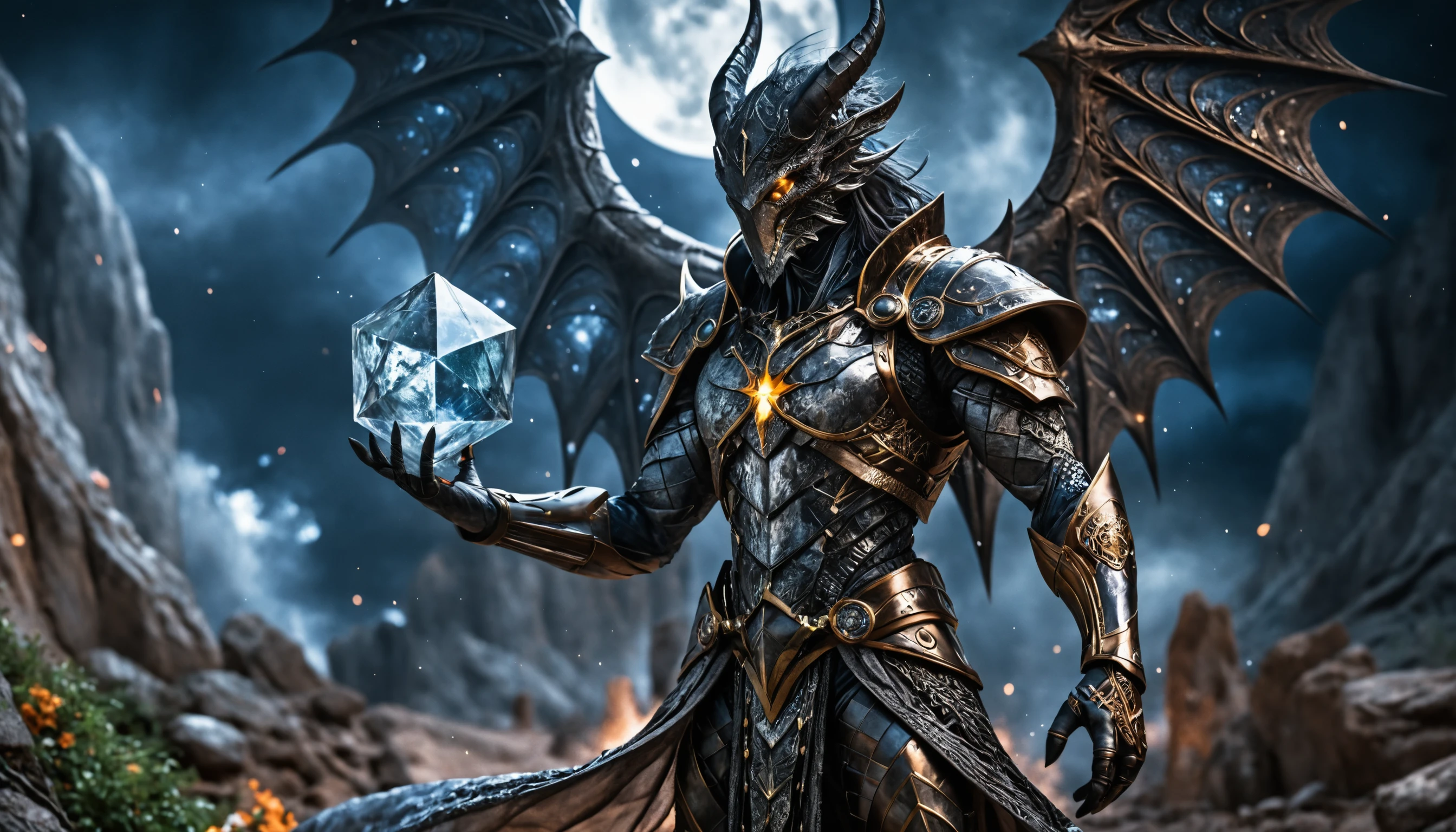 Himmlischer Warforged-Druide, der Mondlicht auf einer Zikkurat absorbiert