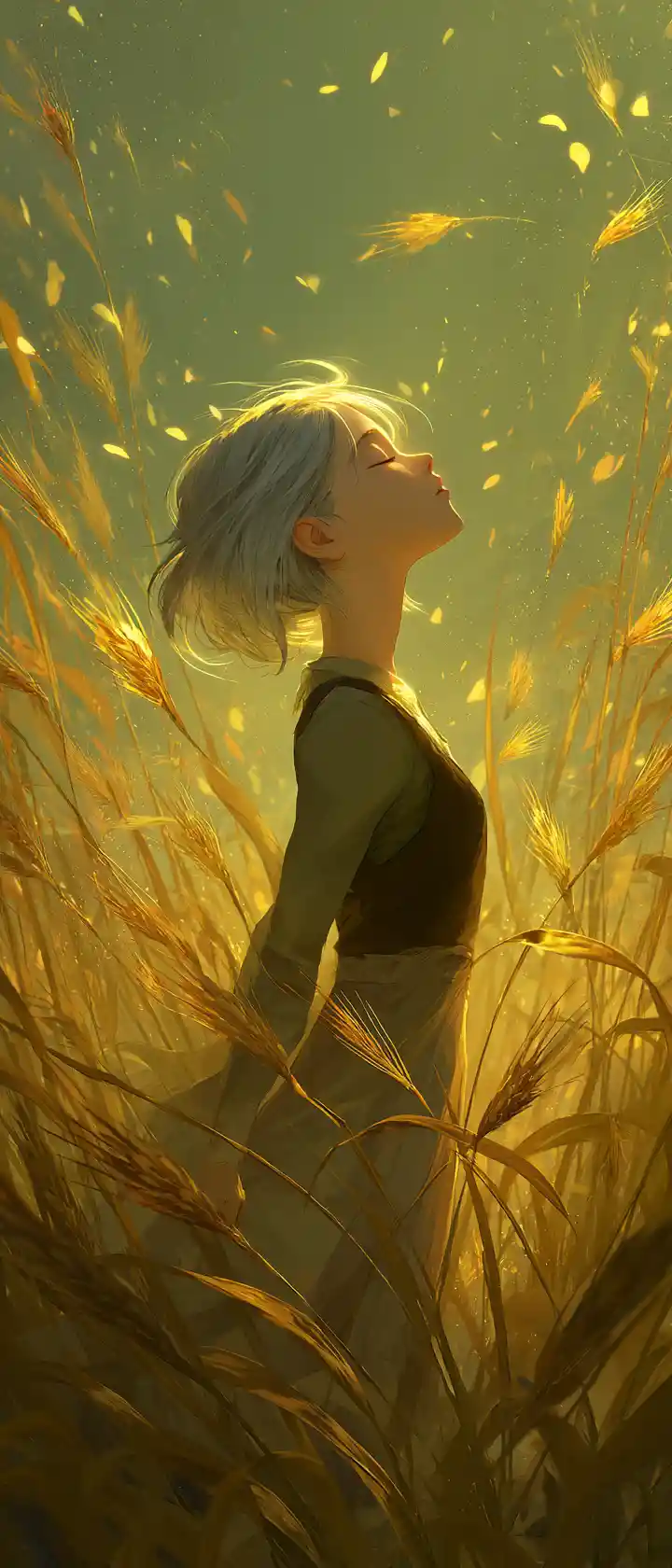 Silver haired anime girl standing in a glowing wheat field
