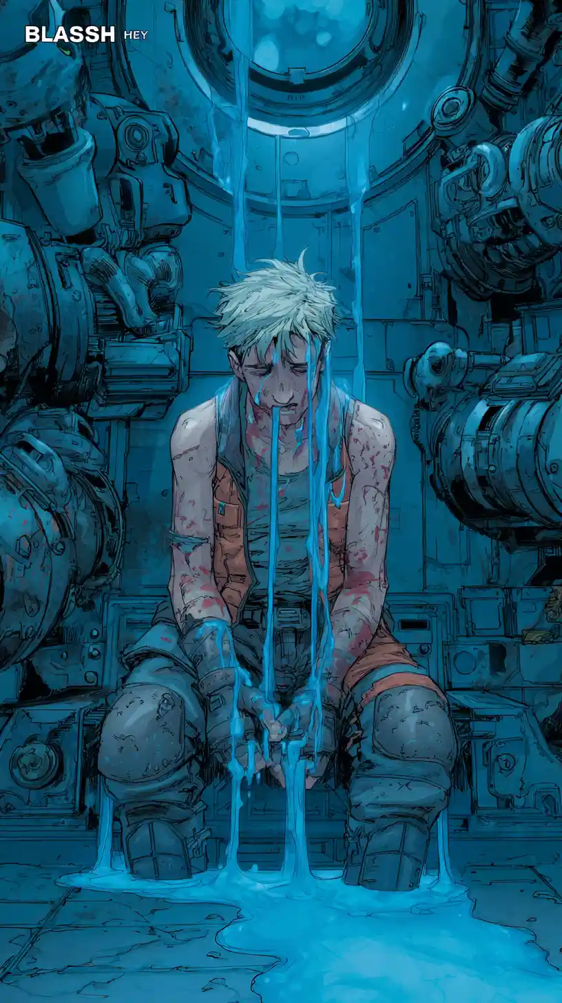 Comic illustration of a man in a mechanical interior
