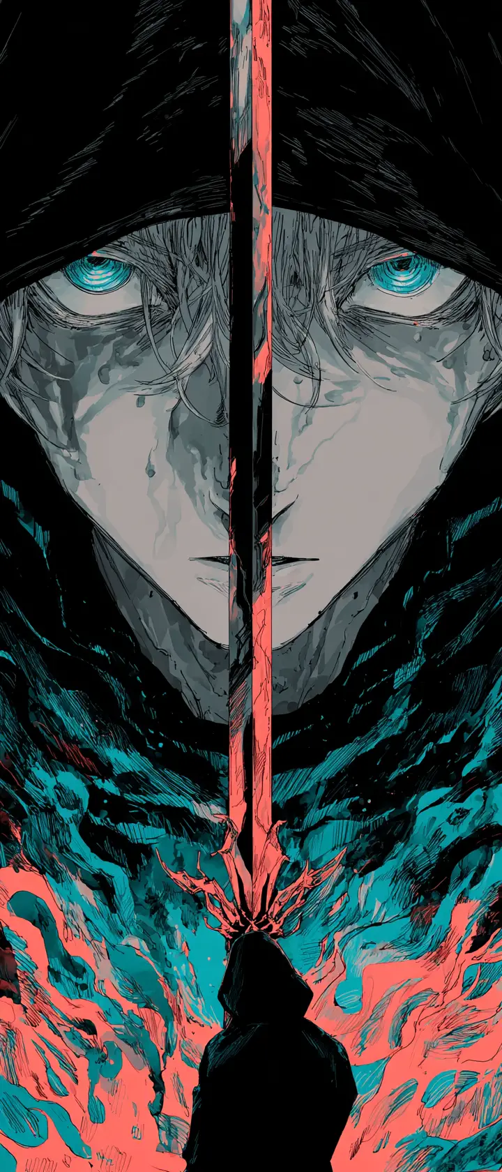 Anime executioner faces his own reflection in the blade