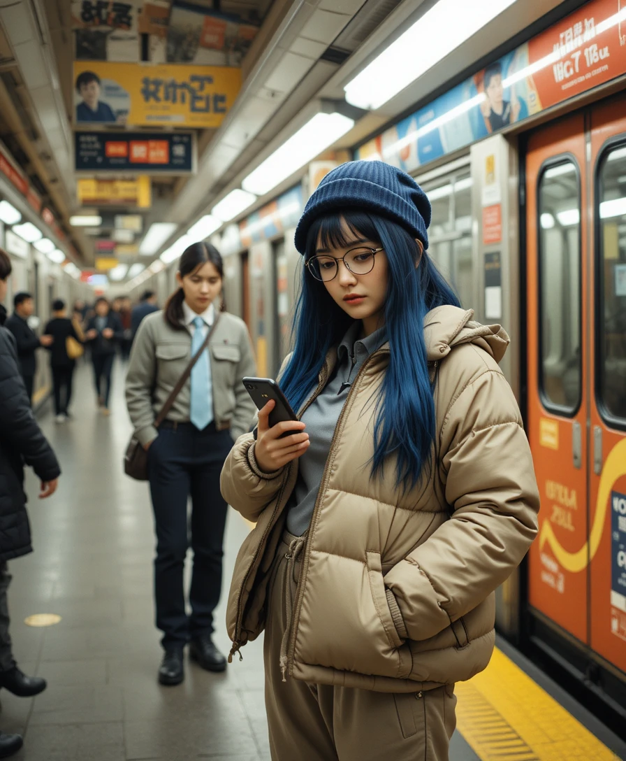 Joven en andén de metro concurrido usando su smartphone
