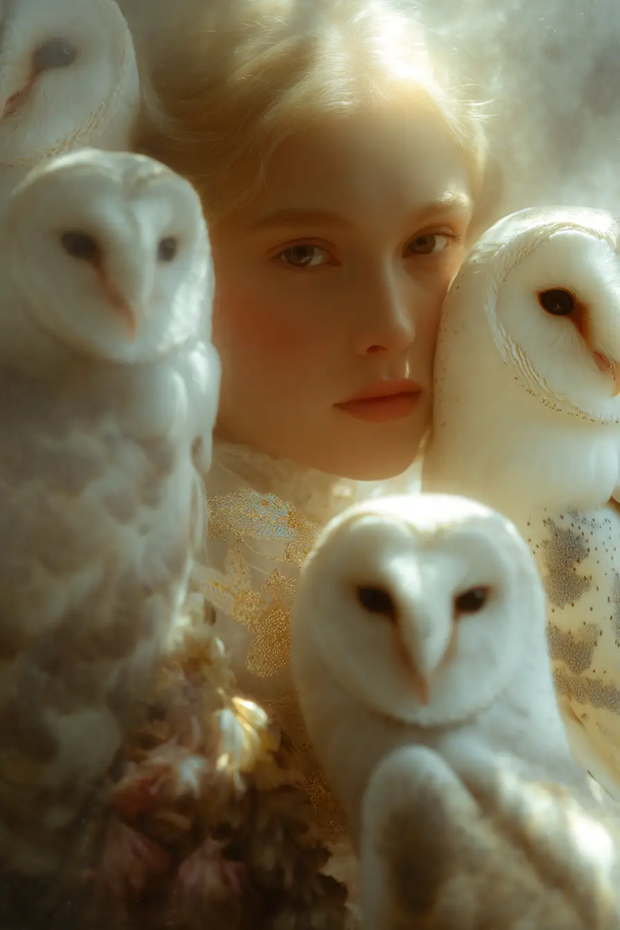 Portrait of a woman with blonde hair surrounded by four white owls in soft light.