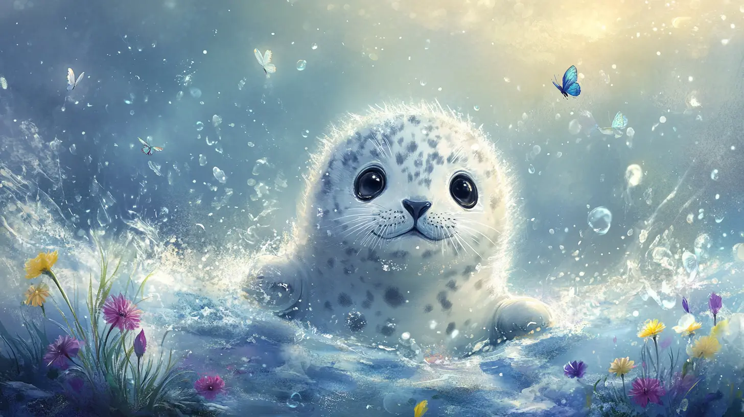 Cute Baby Seal On Snowy Beach In Watercolor Art