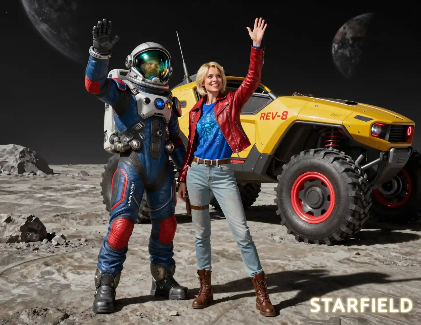 Astronauts posing on a lunar surface with futuristic rover