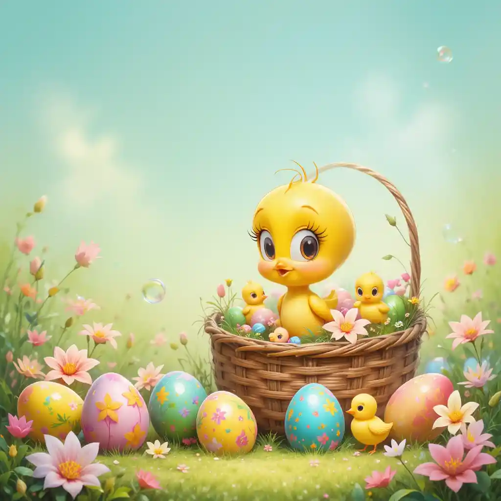 Cartoon bird beside basket of colorful Easter eggs
