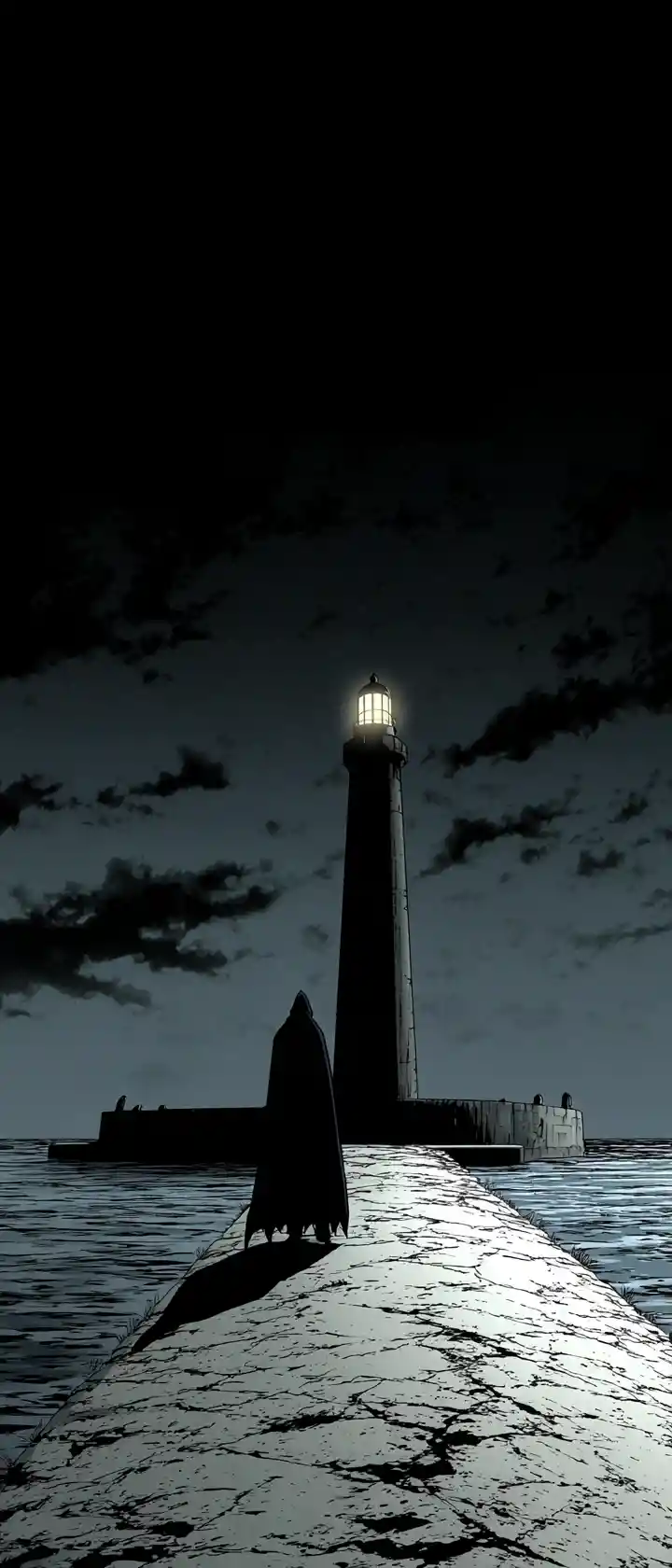 Anime assassin leaping from Alexandria lighthouse toward dark harbor