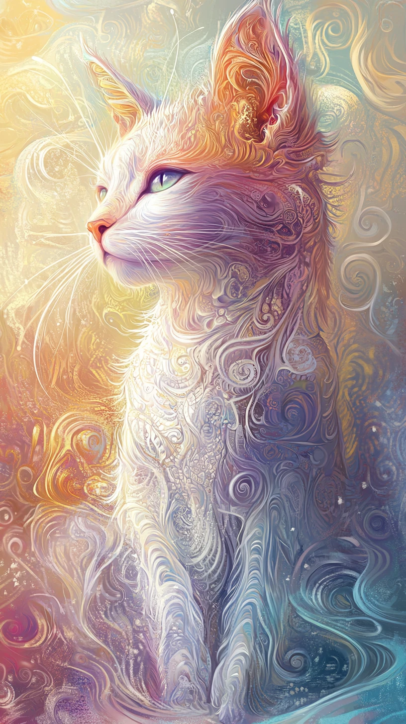 Chat cartoon en gros plan sur fond abstrait arc-en-ciel