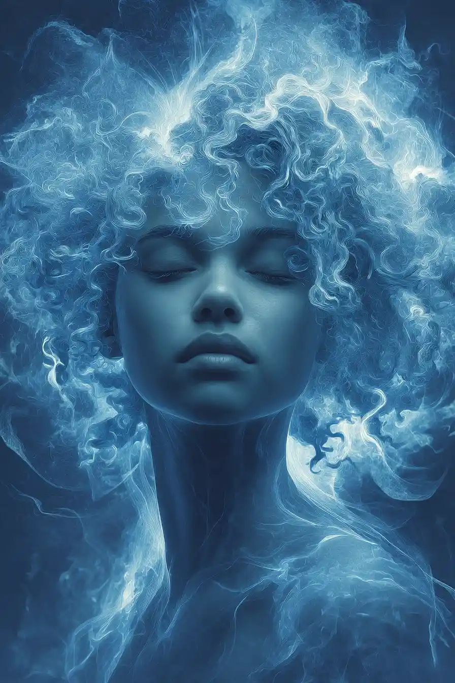 Curly haired girl aura portrait in glowing energy field