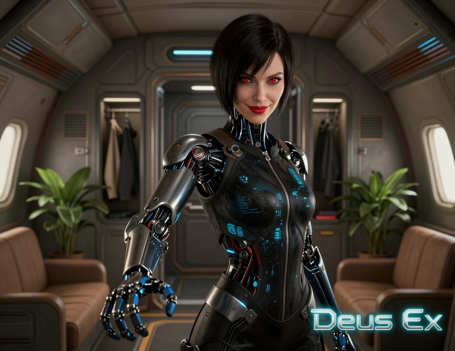 Erweiterte weibliche Cyborg streckt die Hand in einer futuristischen Kabine aus
