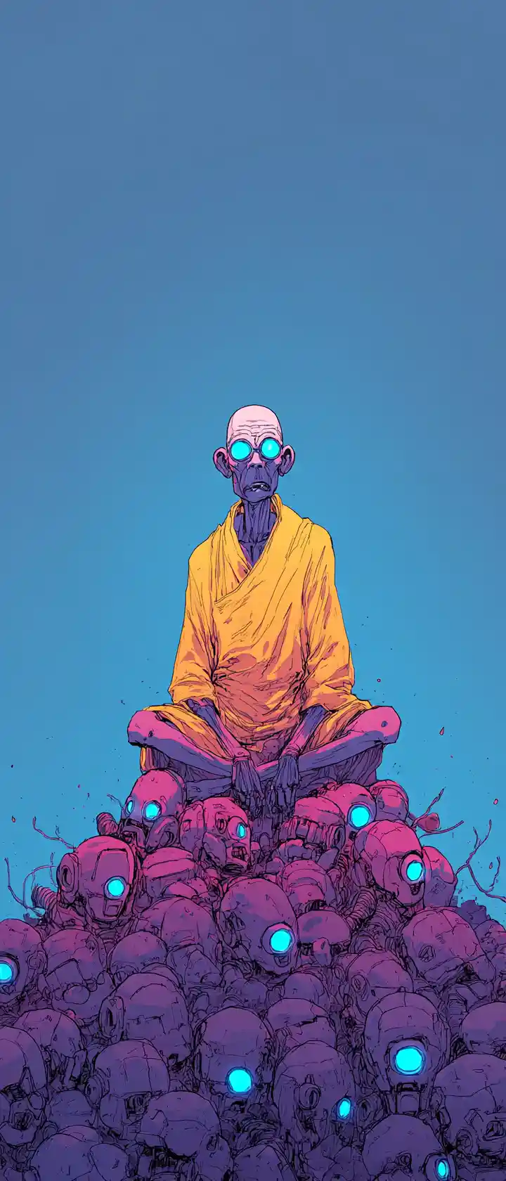 Elderly monk on mountain of android corpses at burning tree