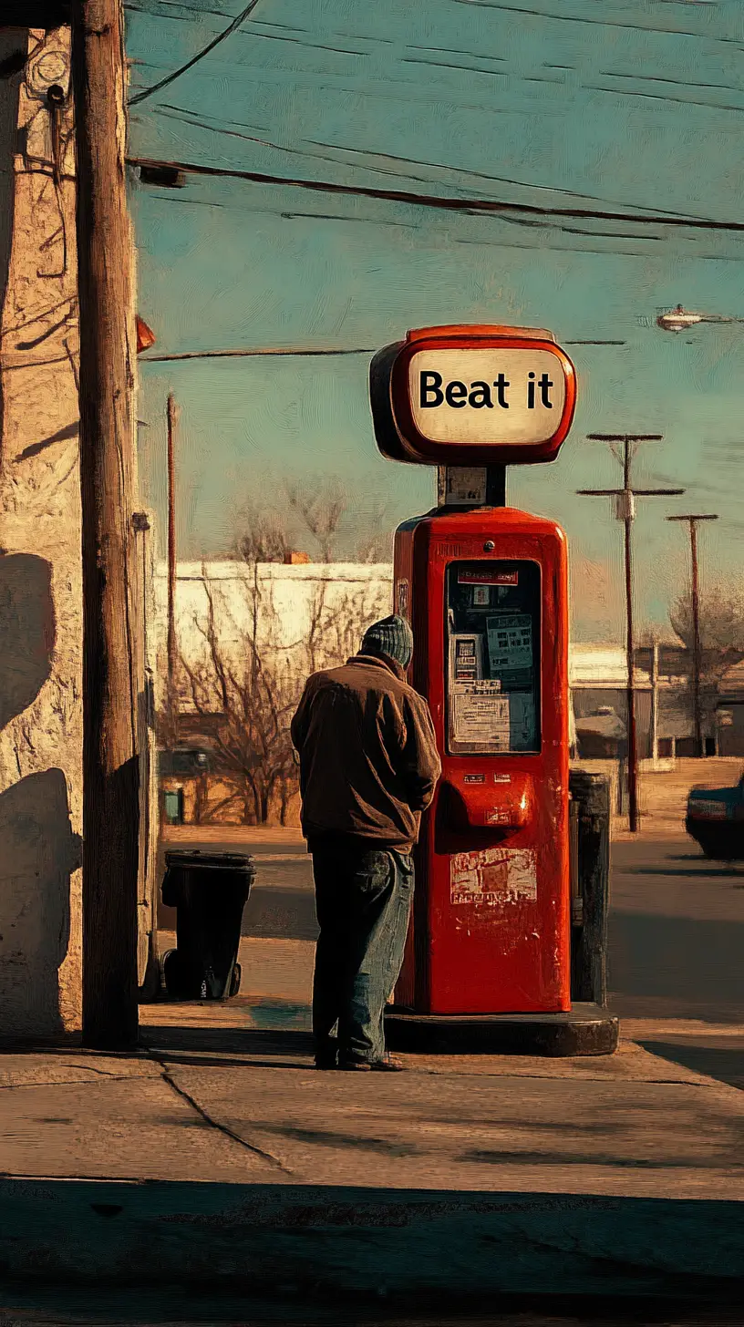 Homeless man standing outside a city gas station