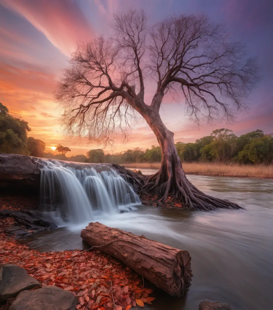 Small waterfall on the Orinoco River at sunset