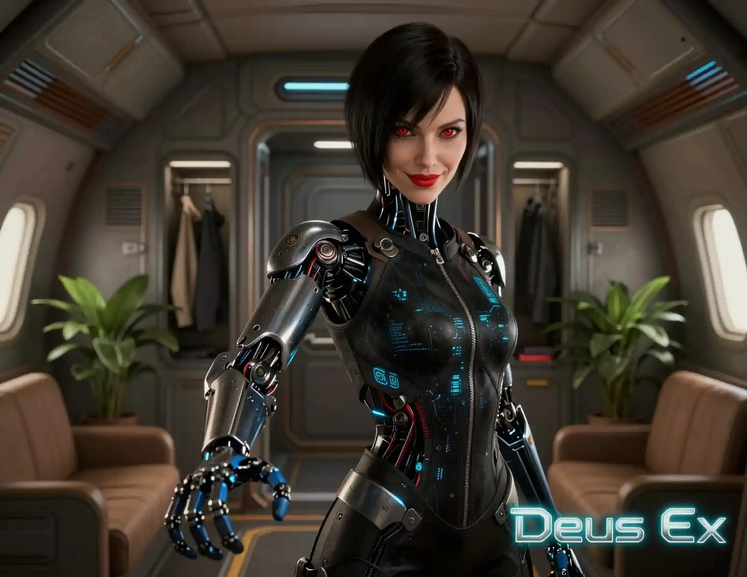 Cyborg femminile potenziata che tende la mano in una cabina futuristica