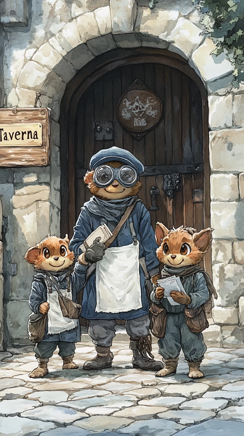 Watercolor animal family on cobblestone street at sunset