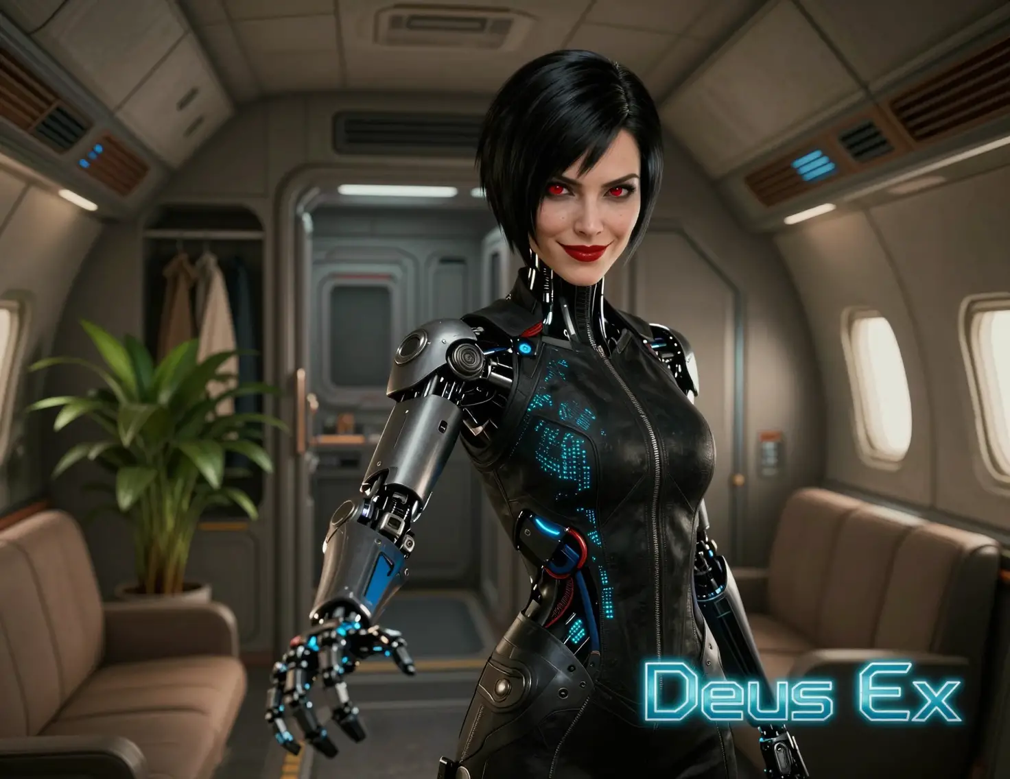 Cyborg femminile potenziata che si protende in avanti nella cabina di un aereo