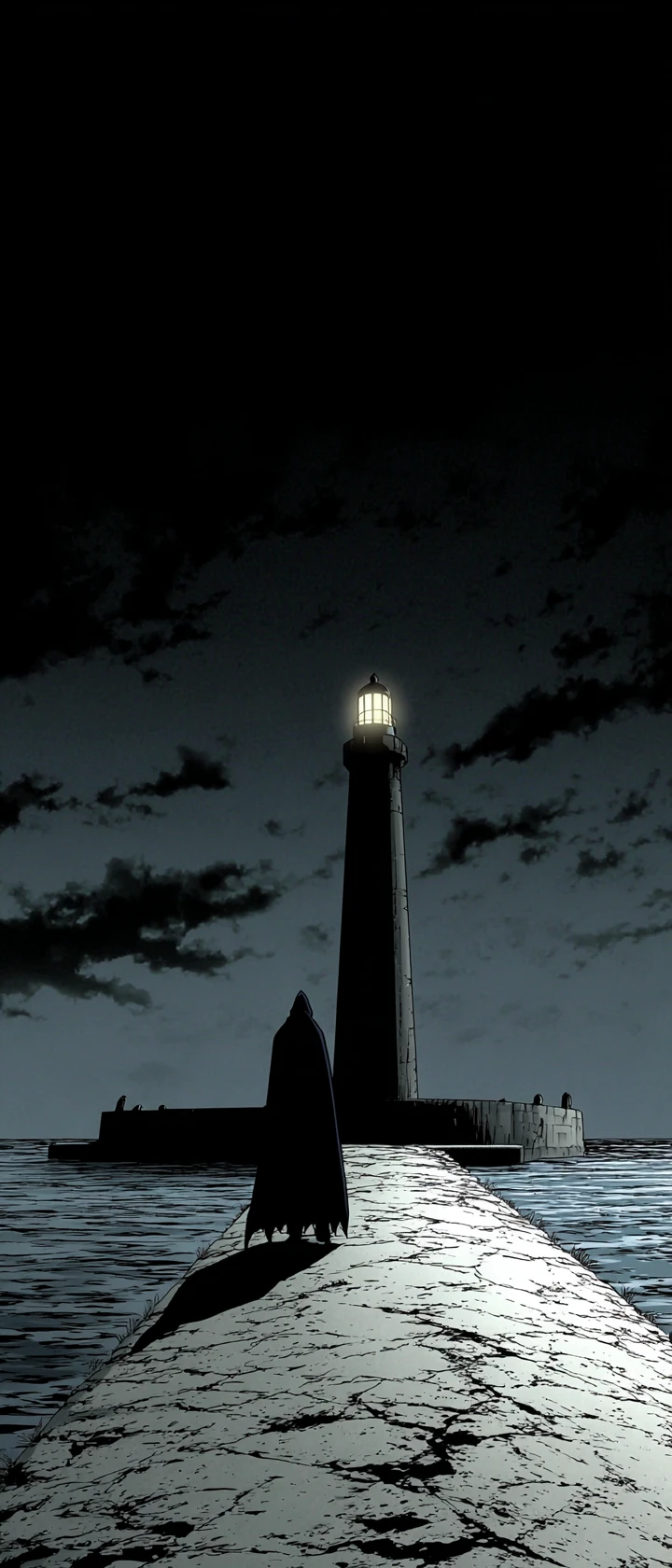 Anime assassin leaping from Alexandria lighthouse toward dark harbor
