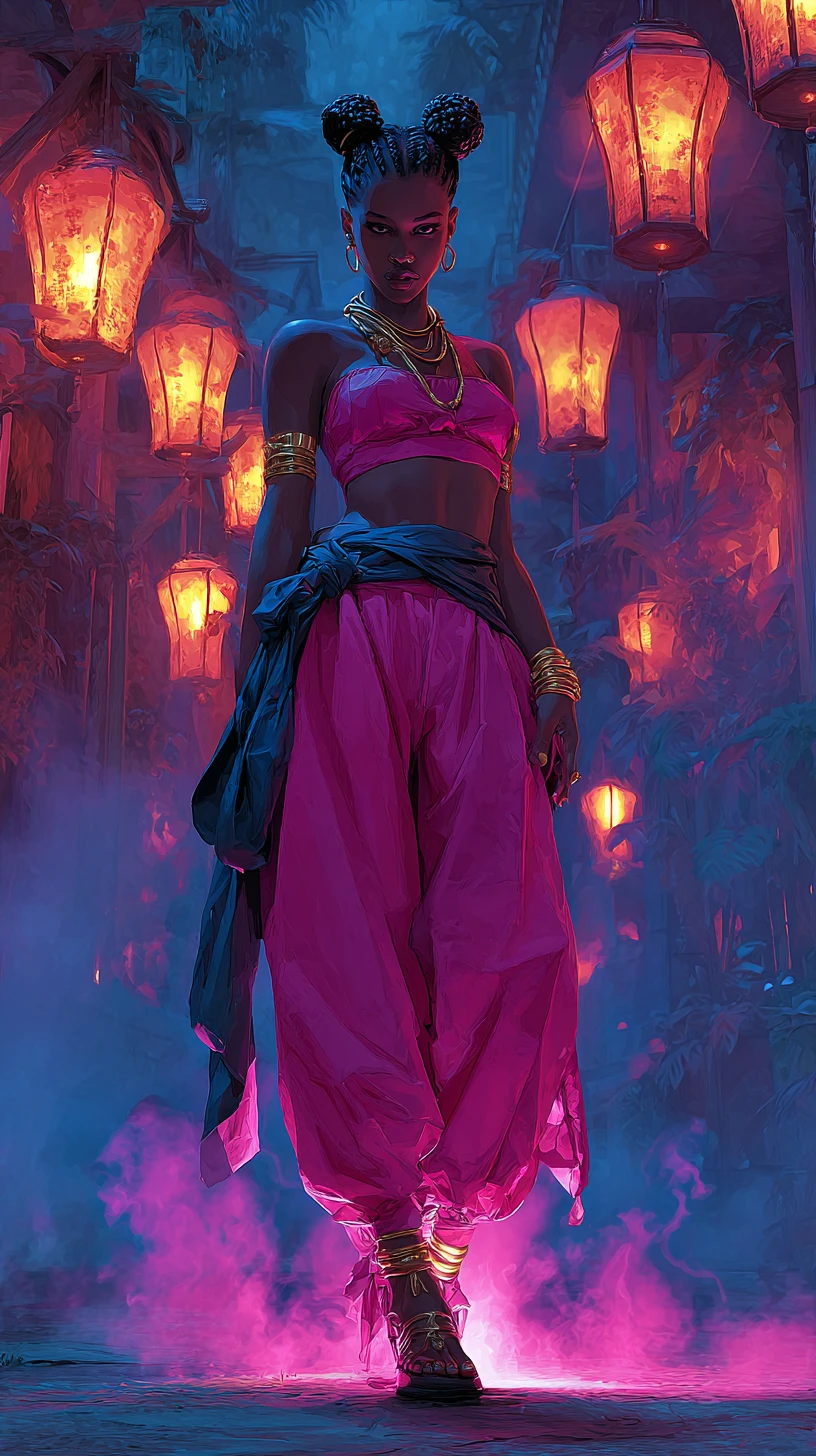Jeune femme sûre d’elle en tenue rose dans un temple ancien