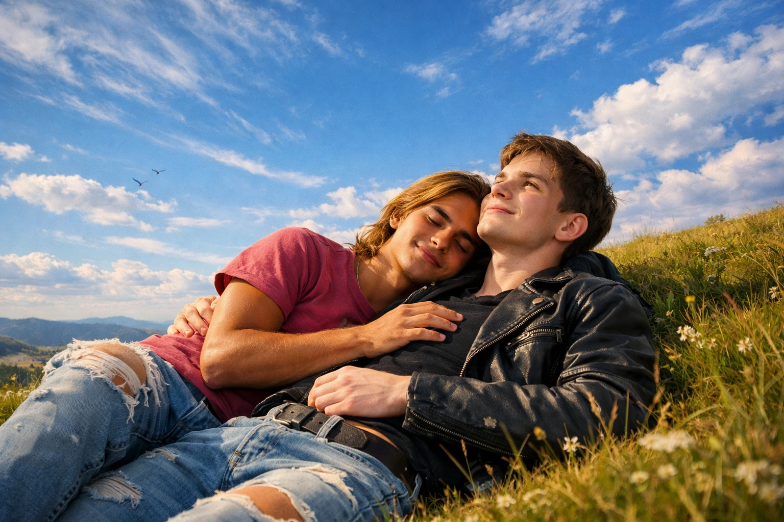 Teenager-Jungen kuscheln auf einem Hügel unter klarem blauen Himmel