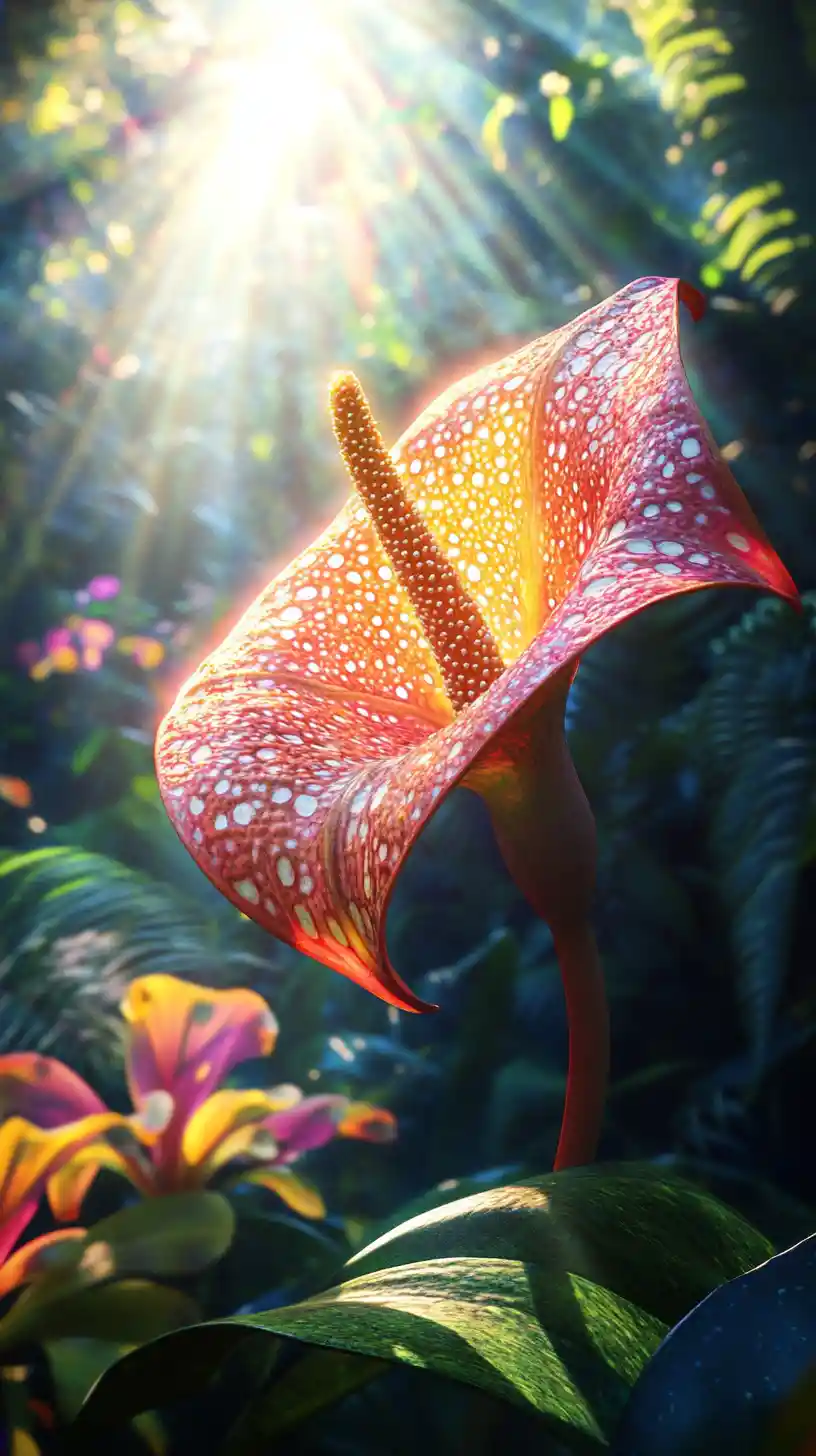 Fiore alieno che brilla al sole in una giungla vibrante