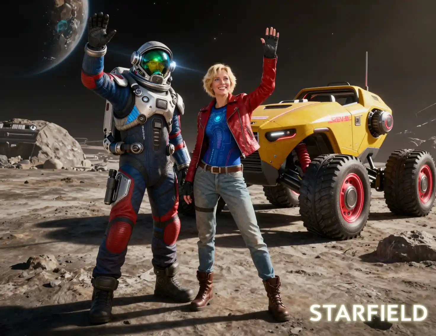 Two astronauts posing on a moon with futuristic rover