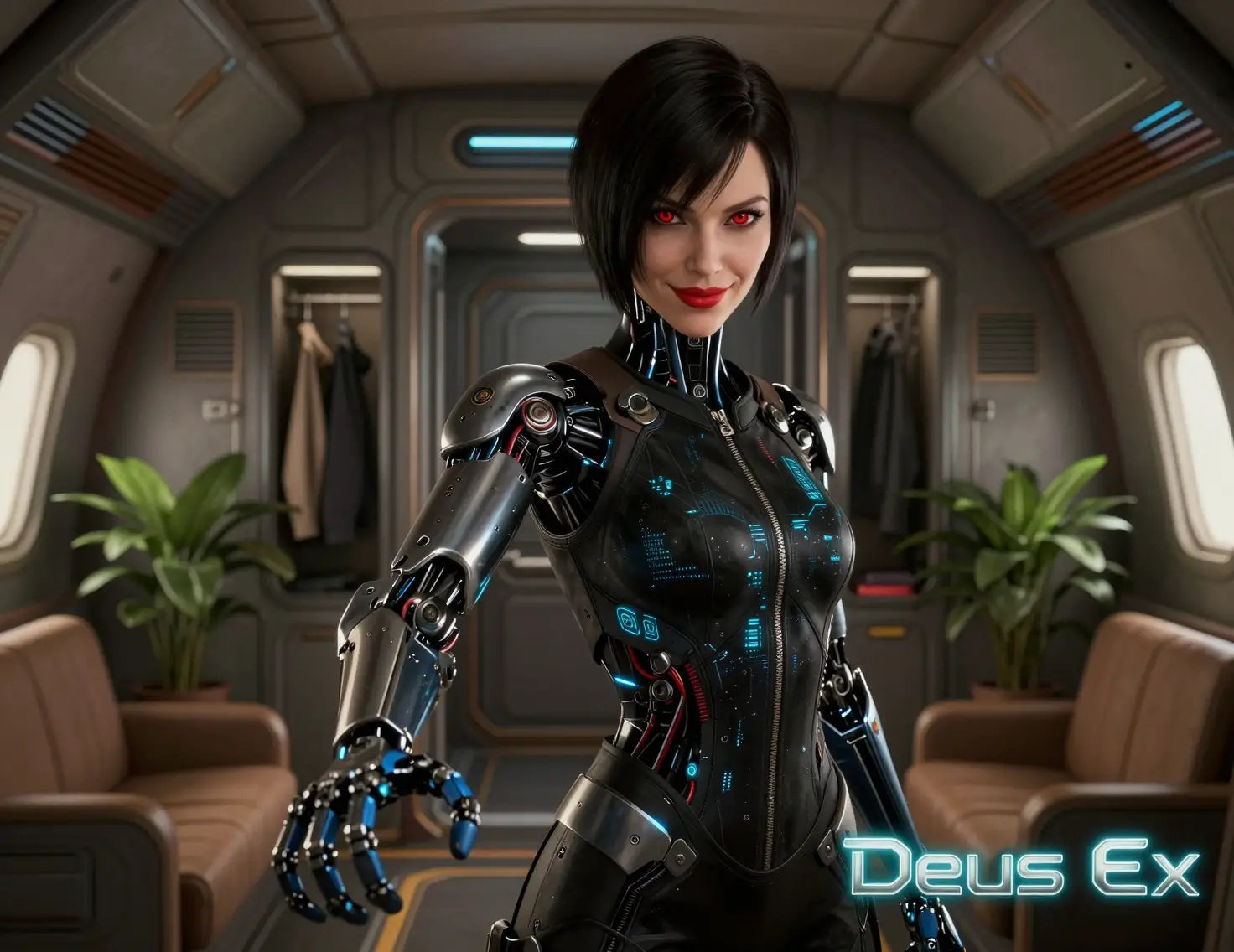 Cyborg femminile potenziata che tende la mano in una cabina futuristica