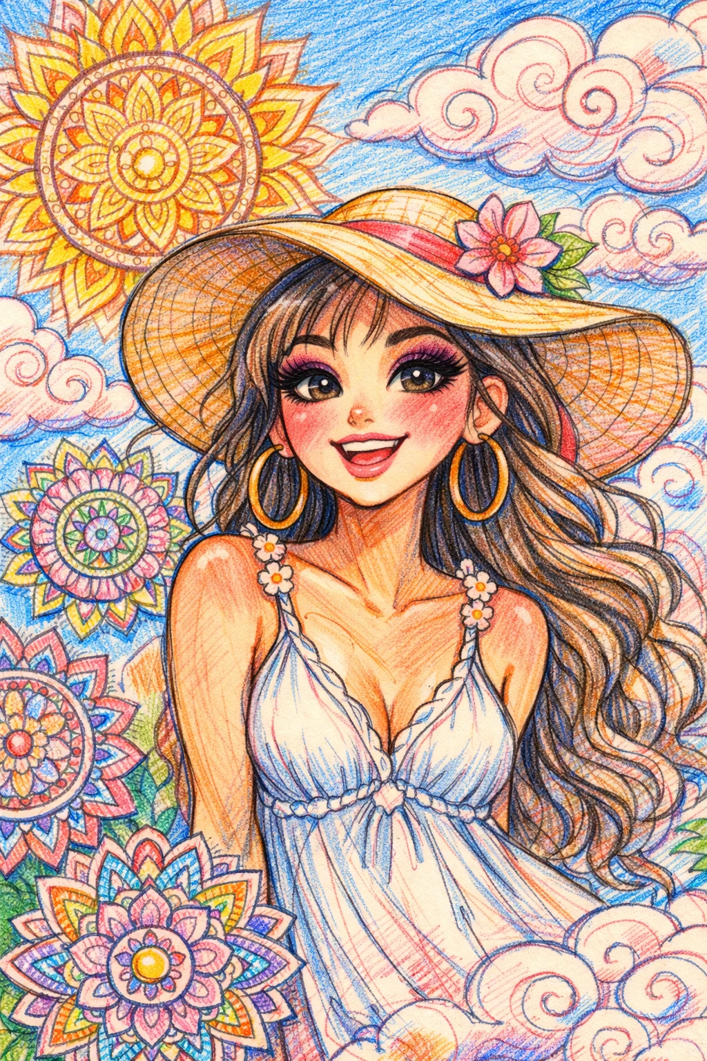 Niña princesa sonriente en un mundo de ensueño de mandalas coloridas