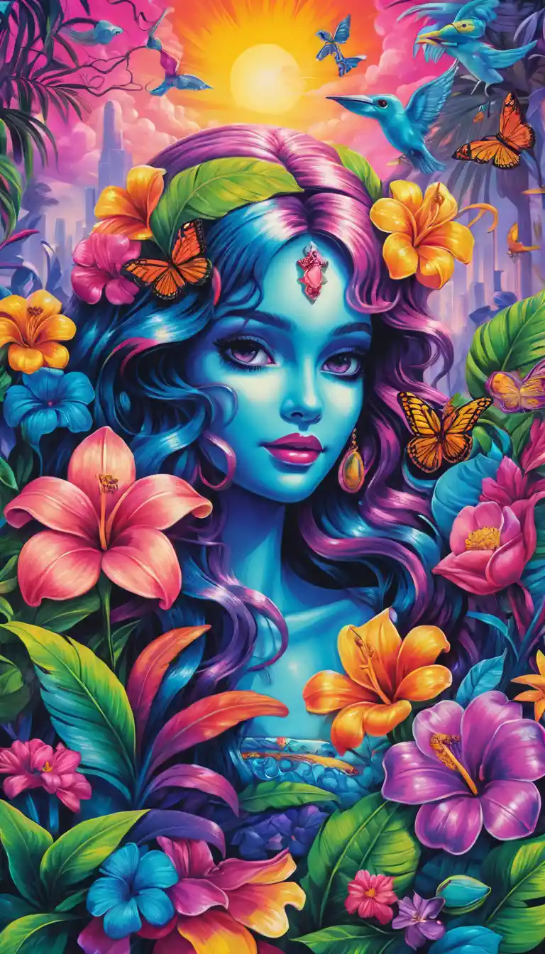 Illustrazione neon ravvicinata di fiori in una foresta tropicale