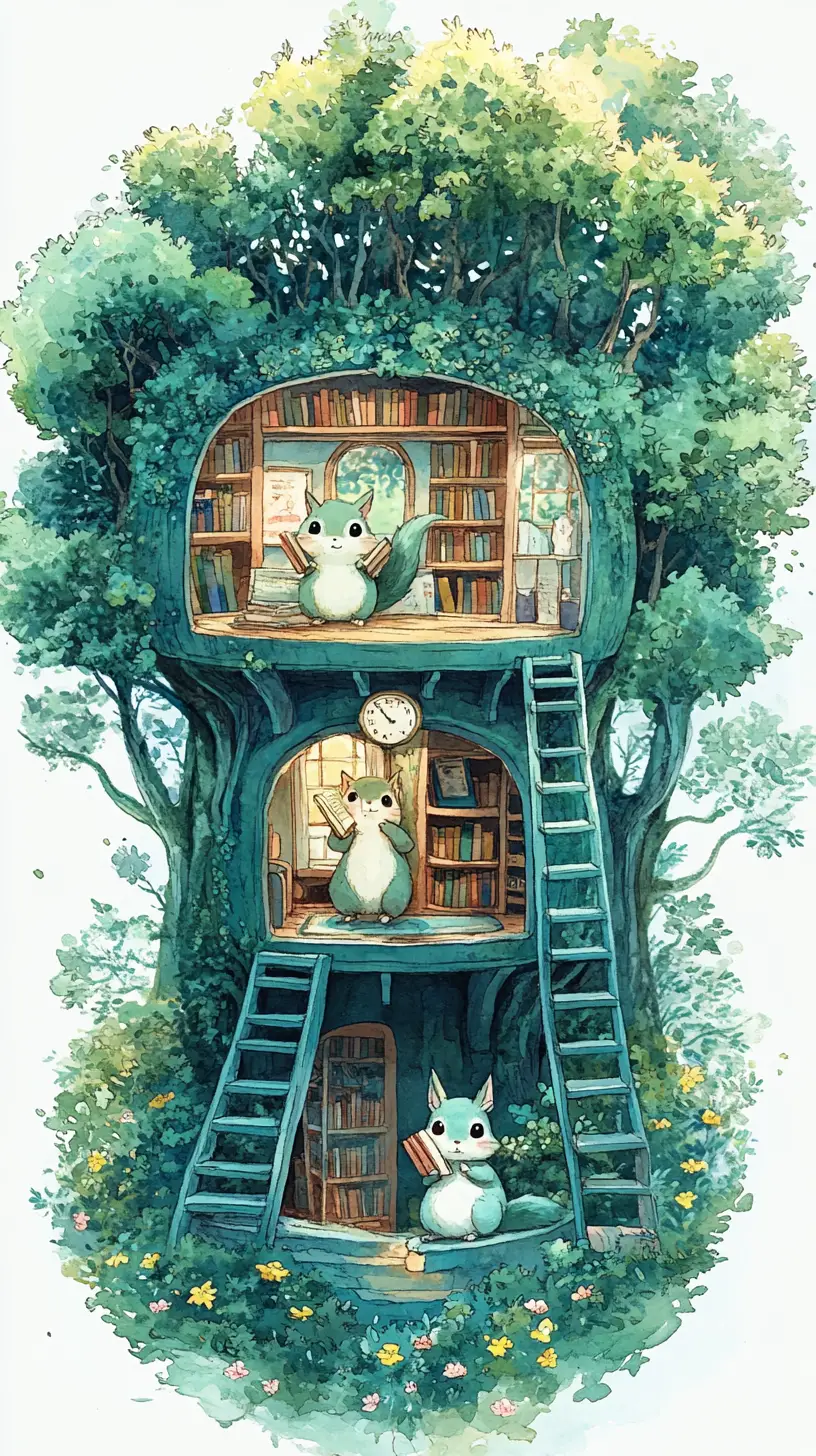 Adorable famille d’écureuils dans un douillet cottage au cœur d’une haie forestière