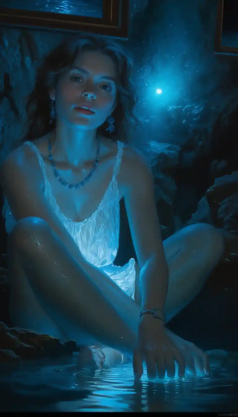 Mulher em água bioluminescente sob abertura de enseada ao luar