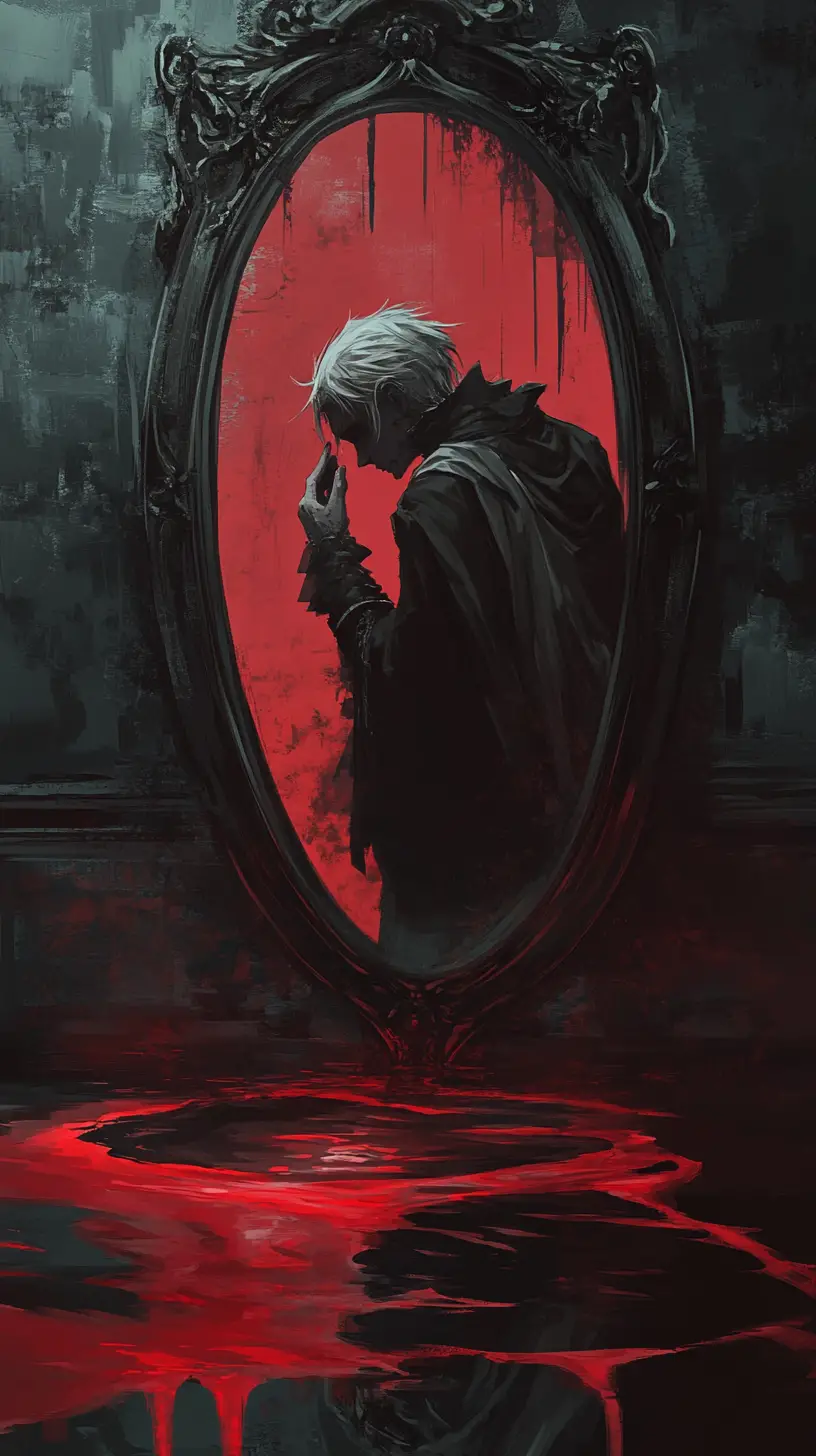 Man praying alone by a dirty bathroom mirror