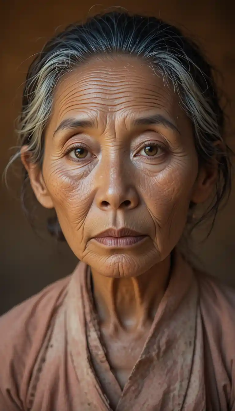Elderly Asian woman portrait in warm golden background