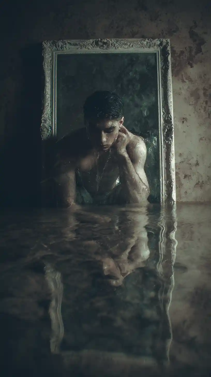 Person reflected in a dirty double mirror praying silently