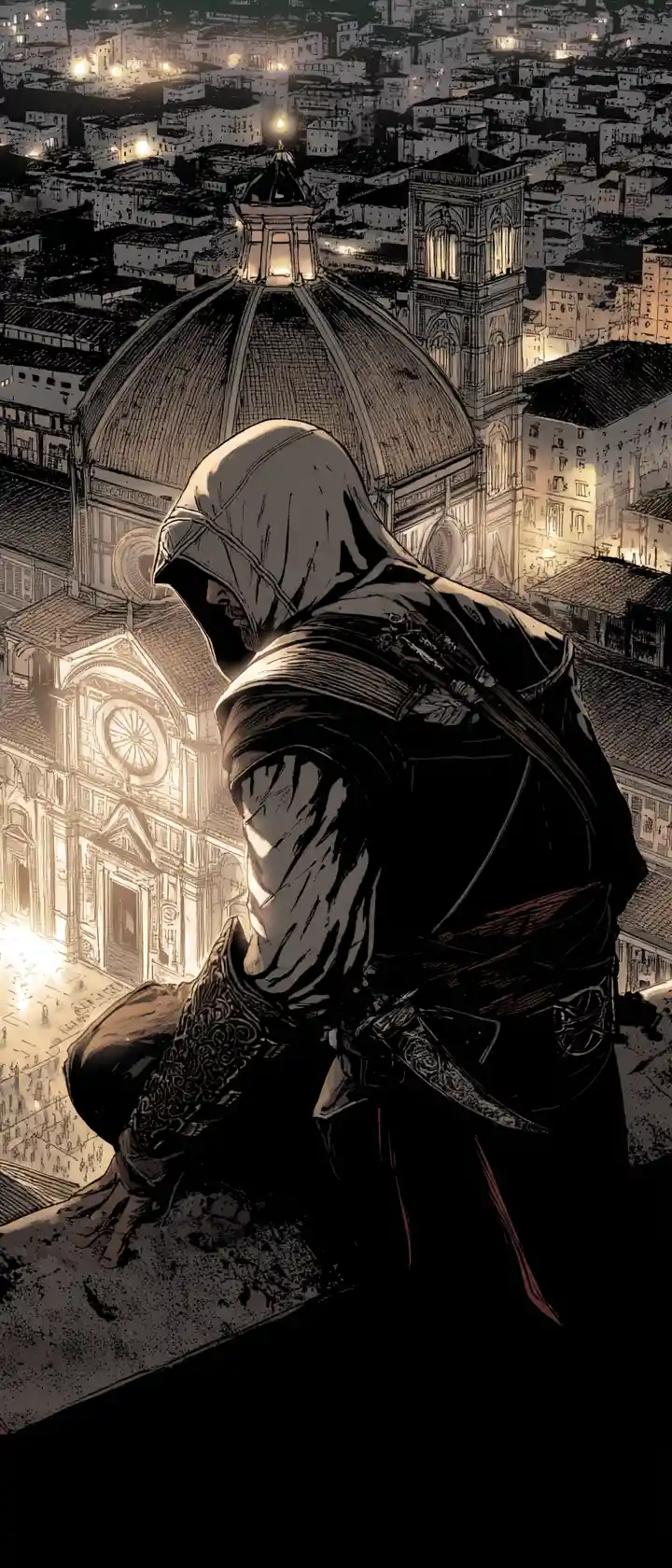 Anime assassin on cathedral spire at midnight with glowing eyes