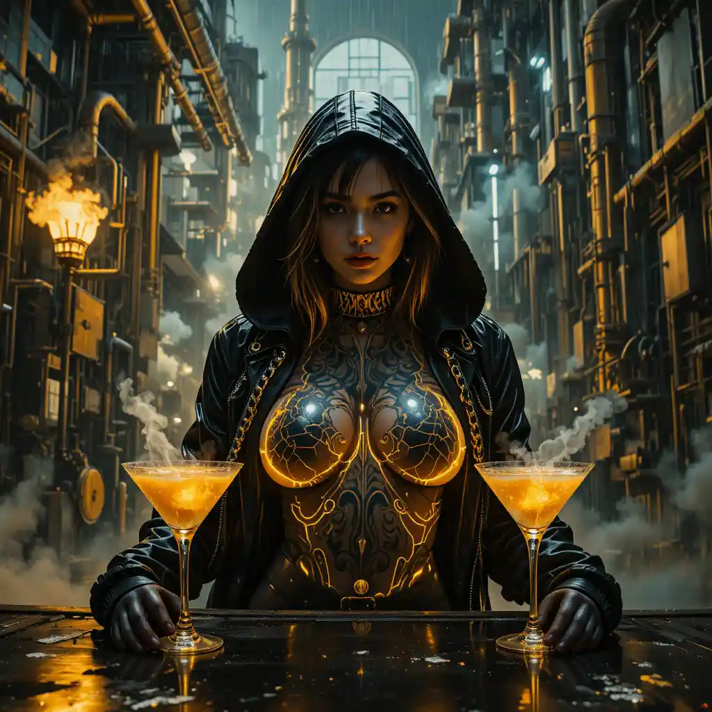 Ritratto noir di femme fatale incappucciata sotto la pioggia industriale