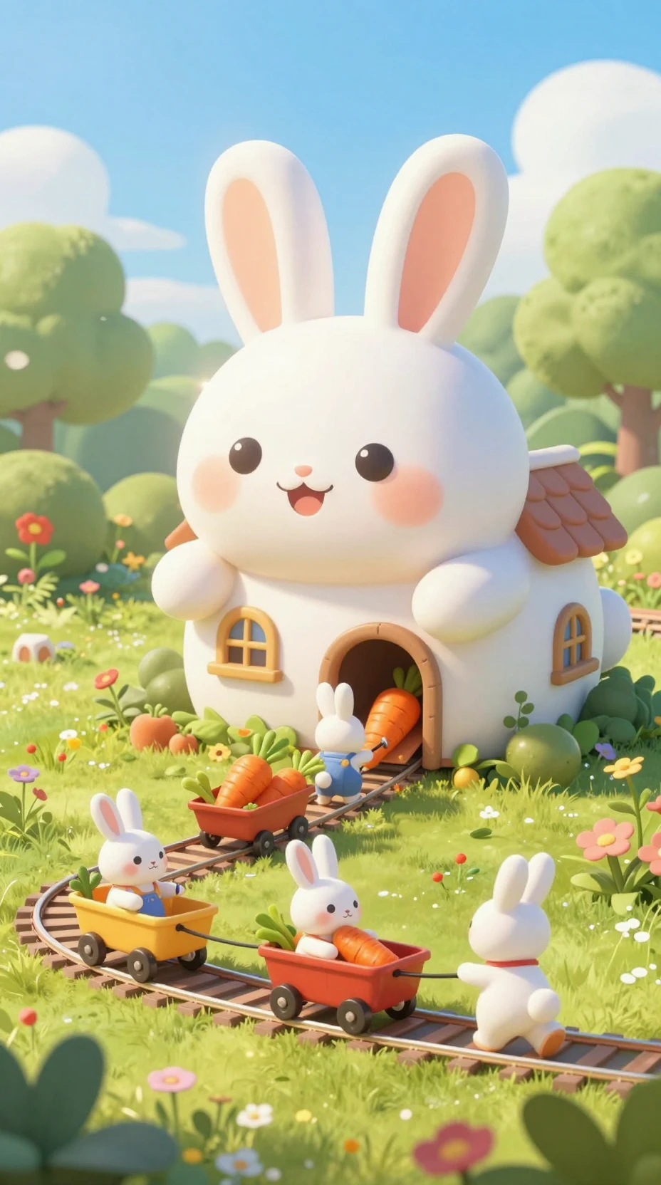 Casa de conejos fantasiosa con conejitos llevando zanahorias a casa