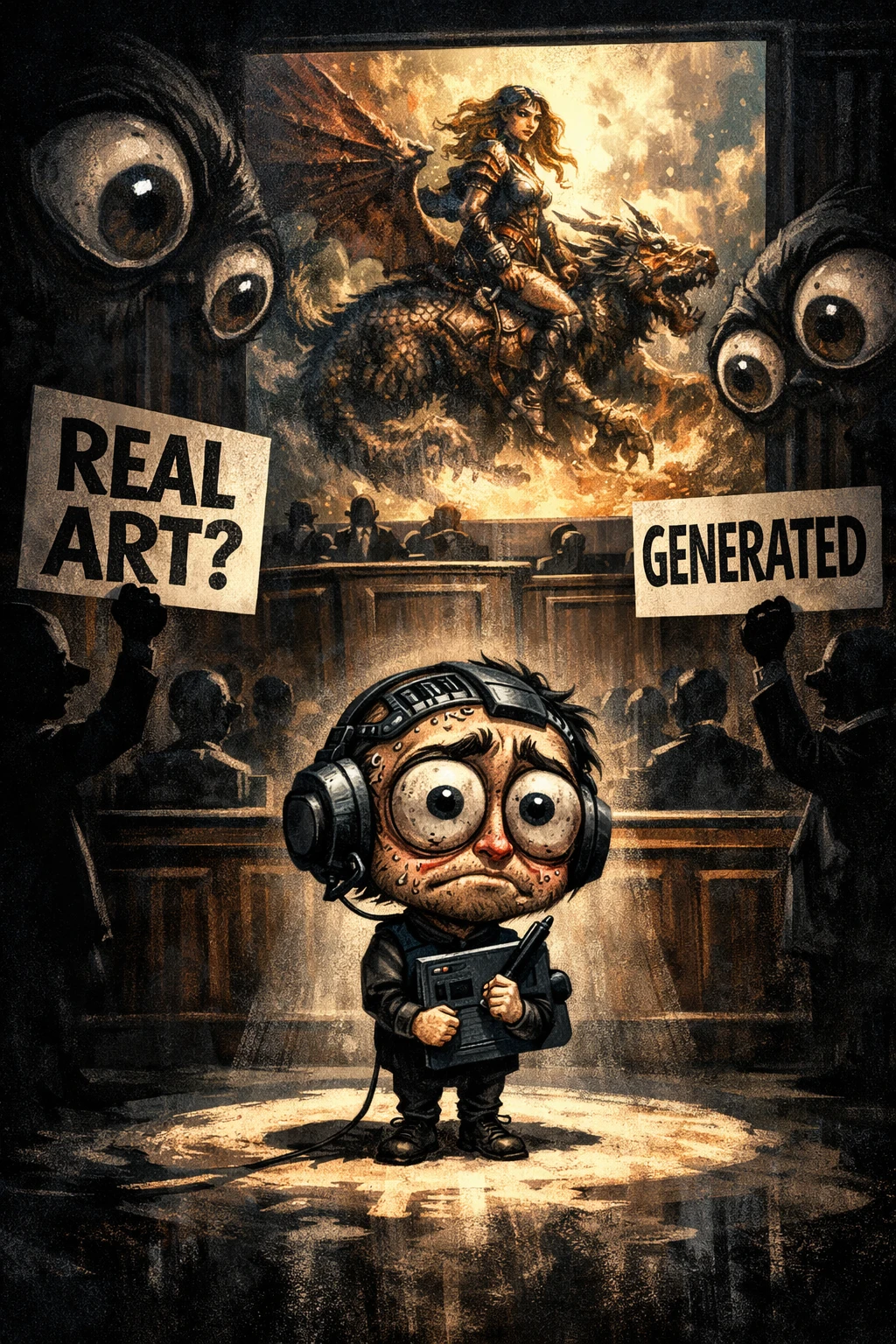 Anxious AI artist under scrutiny in a shadowy courtroom