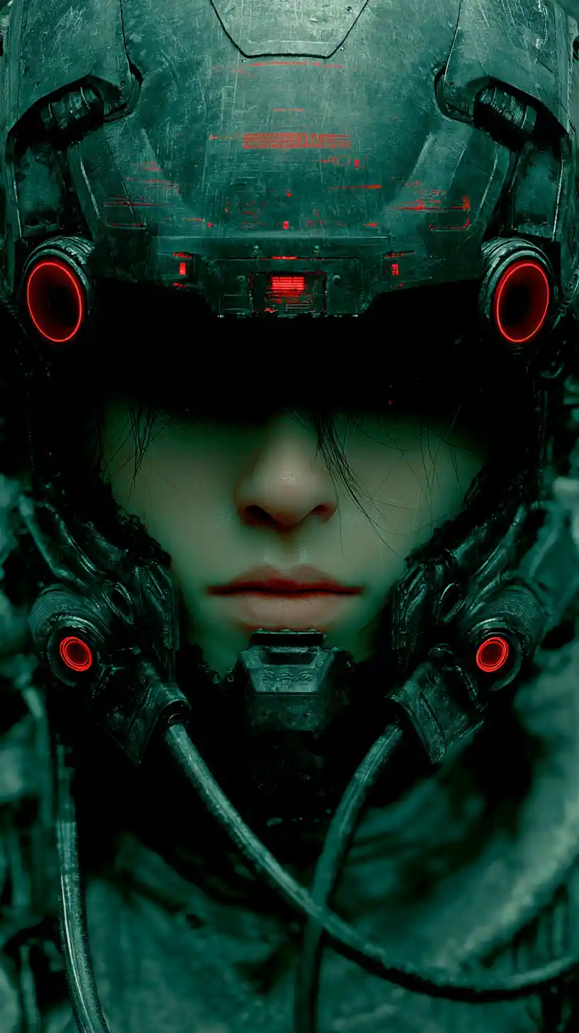 Donna cyberpunk in una oscura città industriale del futuro