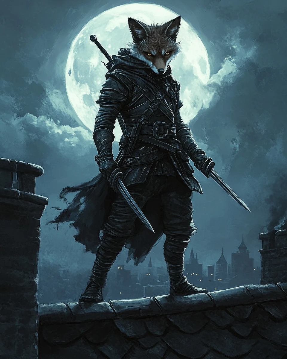 Pícaro zorro con dagas gemelas en la azotea de un castillo a la luz de la luna
