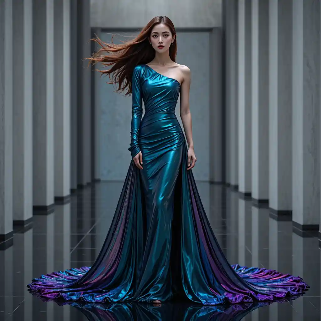 Korean woman in asymmetrical dichroic silk couture gown