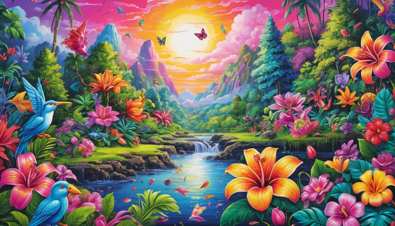 Schizzo al neon in primo piano di fiori nella foresta tropicale