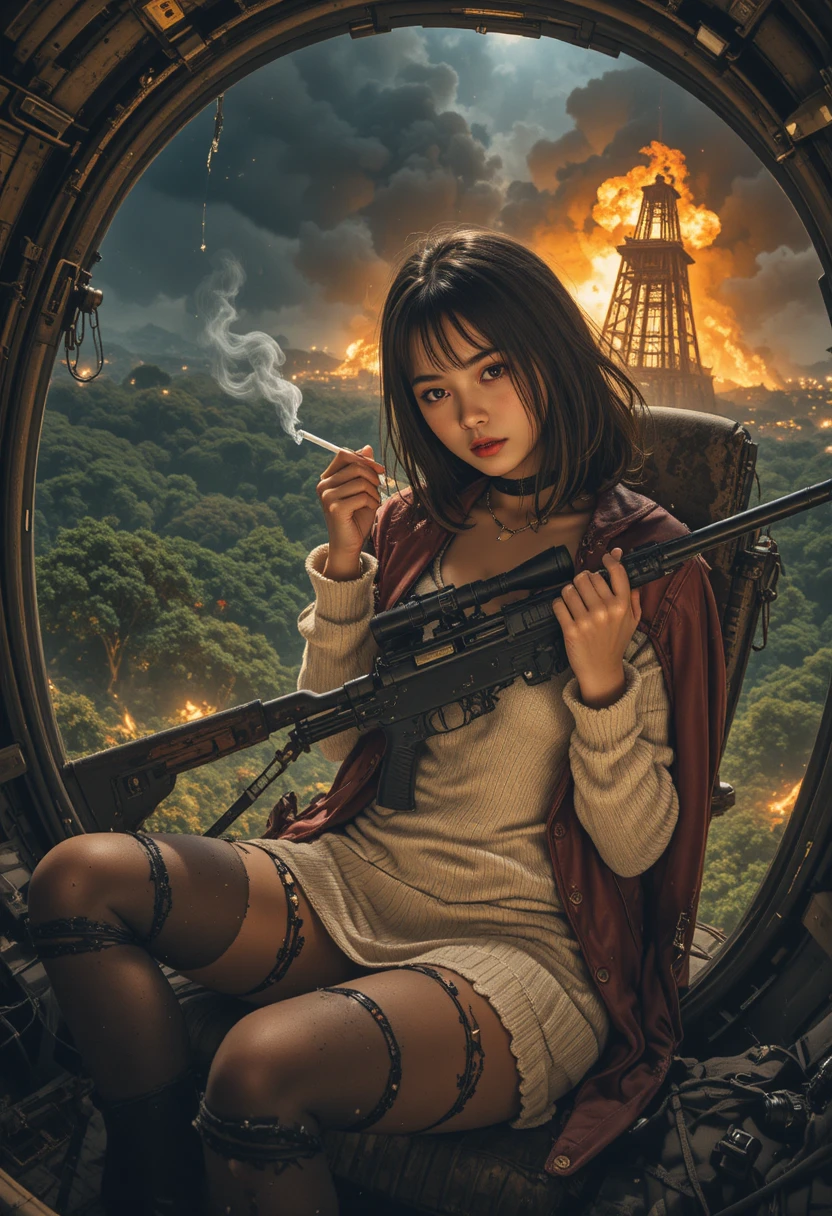 Grim korean girl in torn clothes with sniper rifle