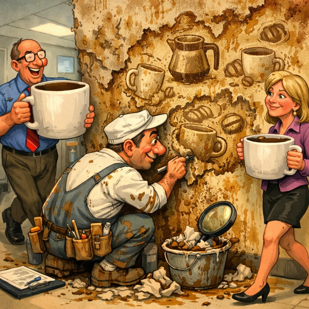 Office worker scraping coffee stains from a break room wall