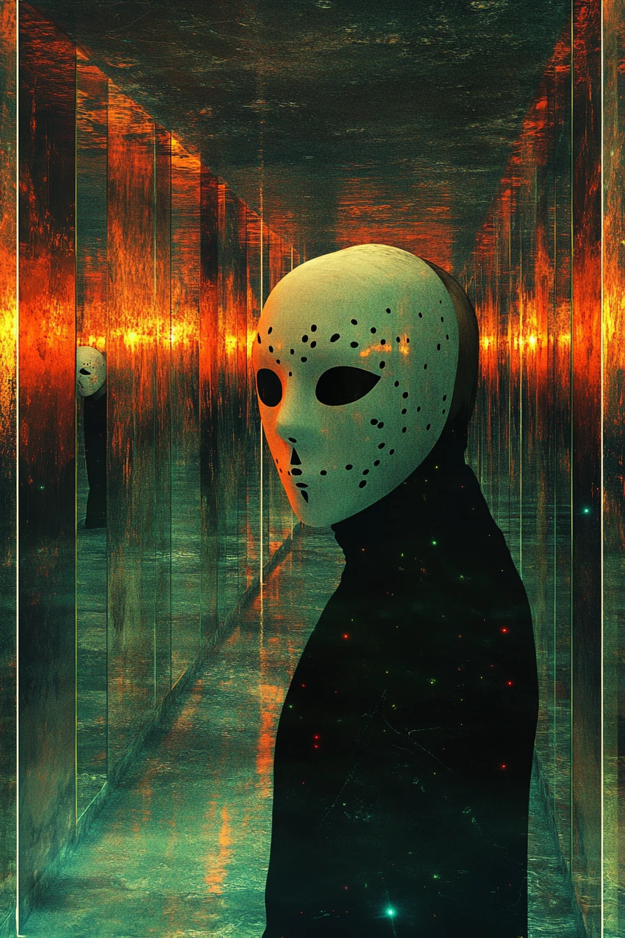Mirrored hallway with masks and a maze like atmosphere