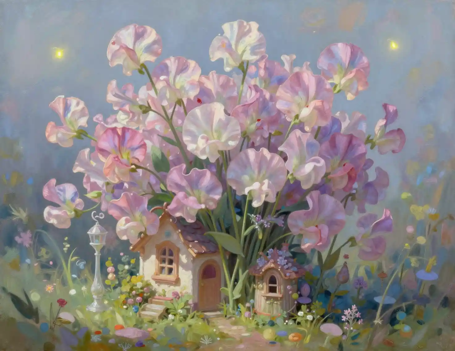 Bouquet di sweet pea con incantevole casetta in miniatura