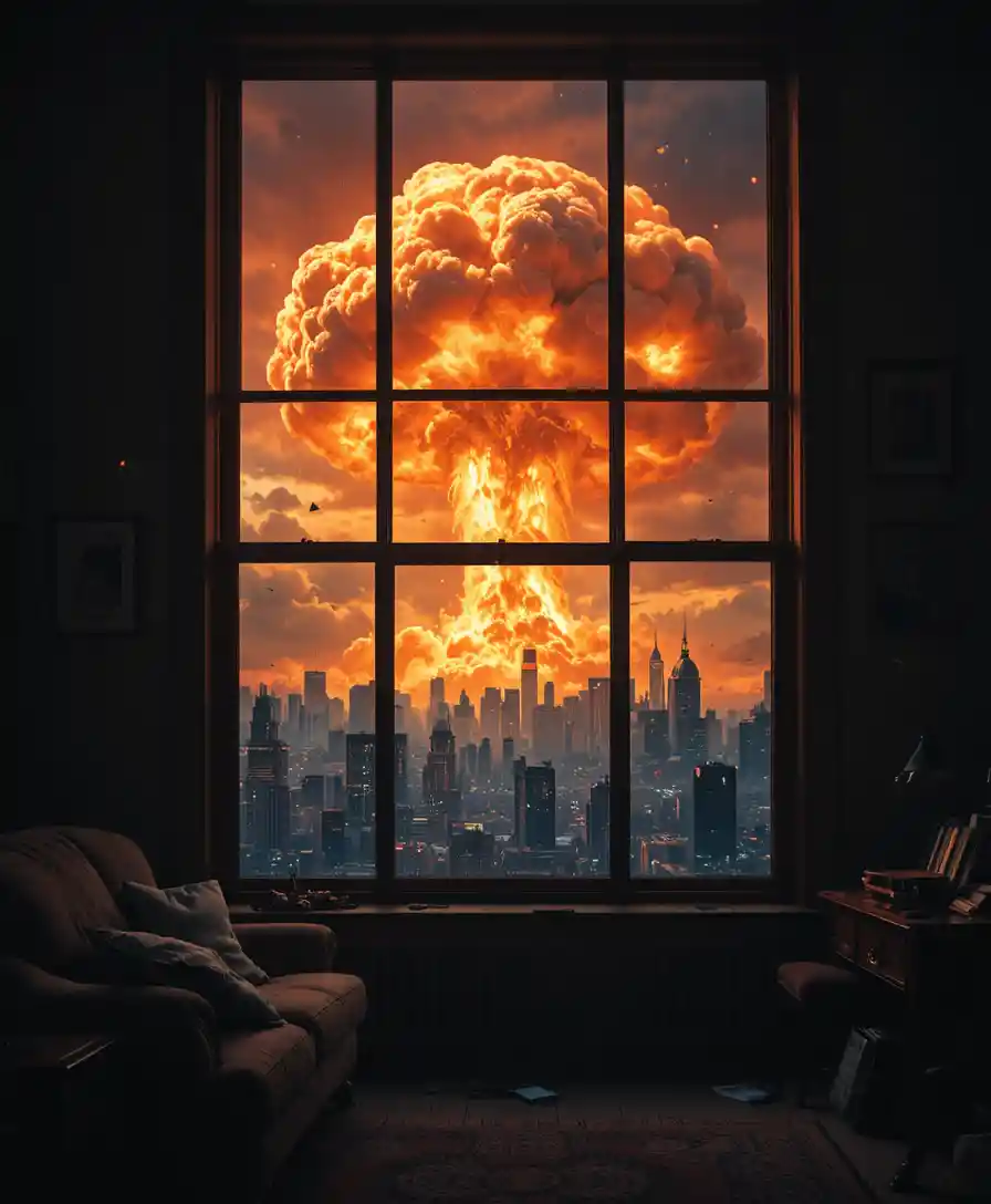 Nube de hongo apocalíptica sobre la ciudad vista a través de una ventana oscura
