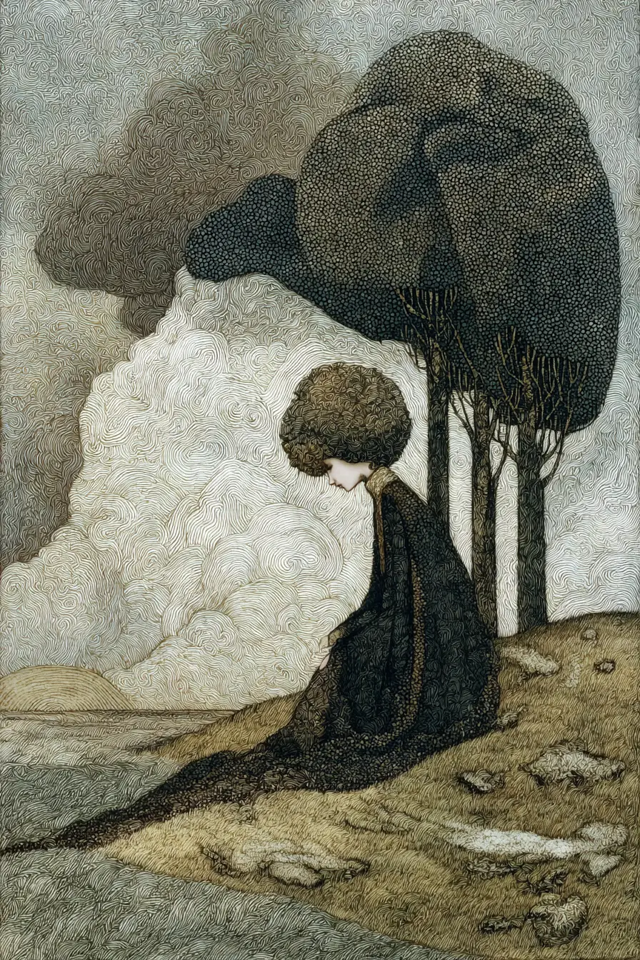 Melancholic figure in a surreal beautiful landscape
