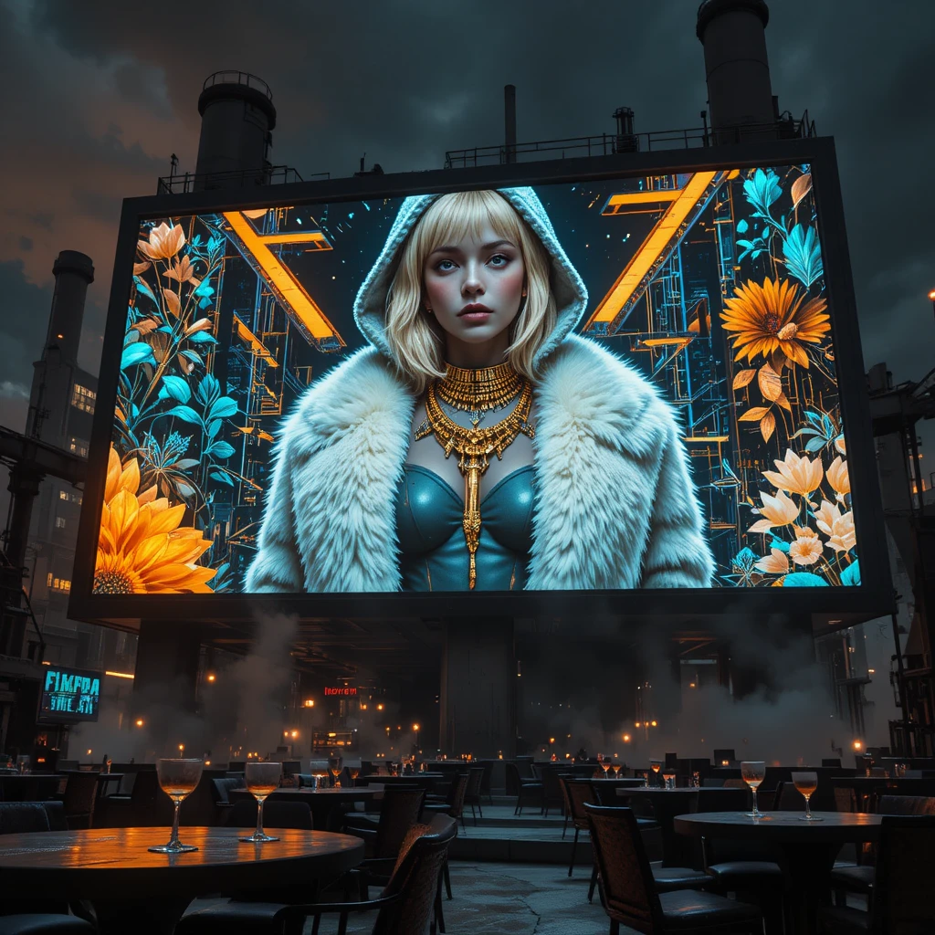 Donna noir cyberpunk su cartellone industriale futuristico