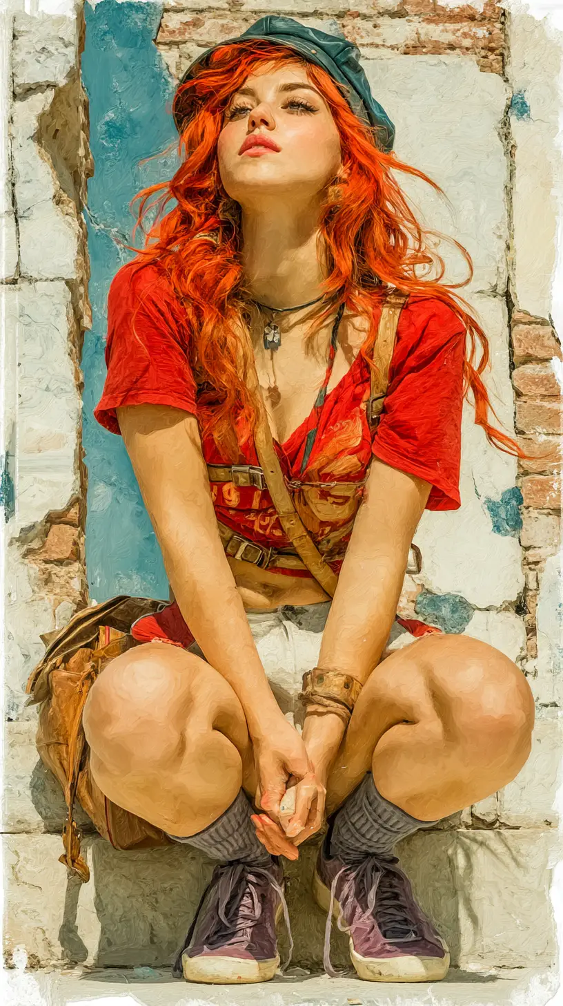 폐허가 된 도시 풍경 속 벽돌 담 위의 붉은 머리 소녀