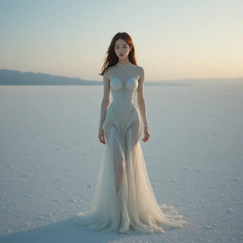 Melancholic Korean woman in glass gown on reflective shore