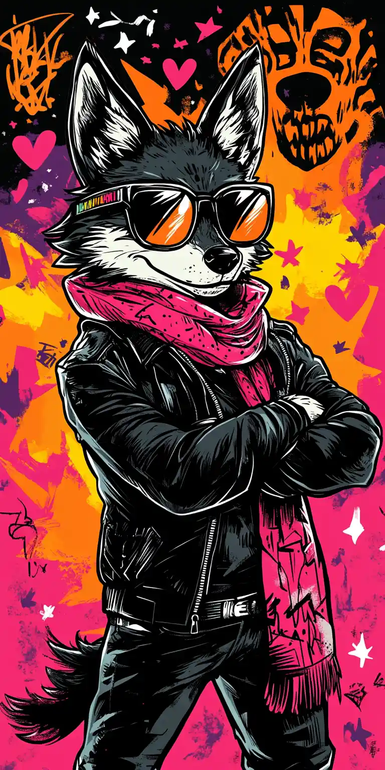 Coyote biker cool davanti a un muro di graffiti al neon